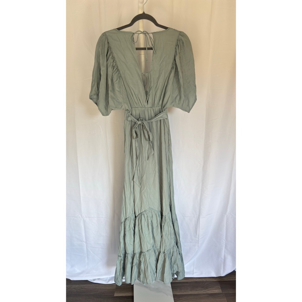STORIA Sage Green Flutter Sleeve Maxi Dress Tie Waist‎ Tiered Ruffle Size S - Picture 6 of 8